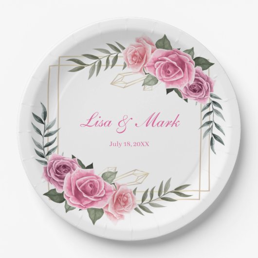Assiettes En Carton Élégantes plaques en papier Mariage rose géométriq (Devant)