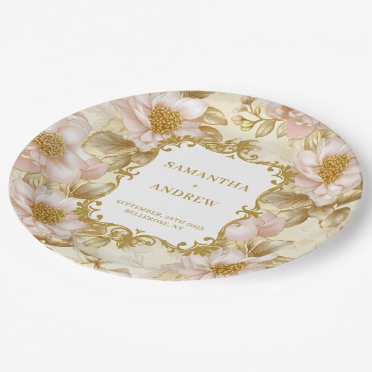 Assiettes En Carton Élégantes Plaques papier Mariage Blush Gold (Angle)