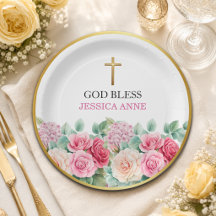 Élégantes Roses de la Croix en Or Floral Baptême