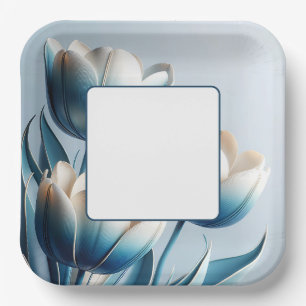 Assiettes En Carton Élégantes tulipes bleues et blanches