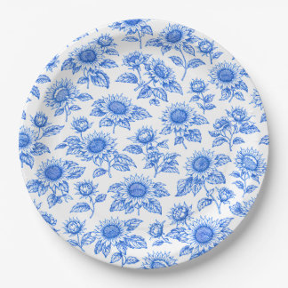 Assiettes En Carton Élégants Tournesols Toile du Jouy – Botanique Bleu