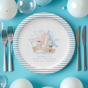 Assiettes En Carton Élément Marin Éléphant Ours Aquarelle Bateau Baby 