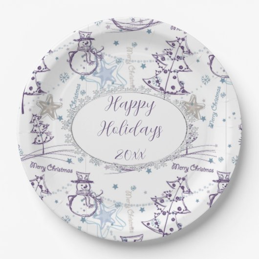 Assiettes En Carton Eléments de Noël Sketch Snowman (Devant)