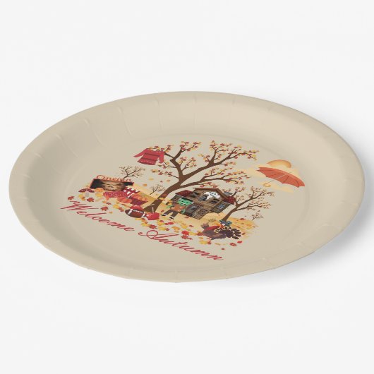 Assiettes En Carton Éléments et paysage bienvenus d'automne d'automne (Angle)