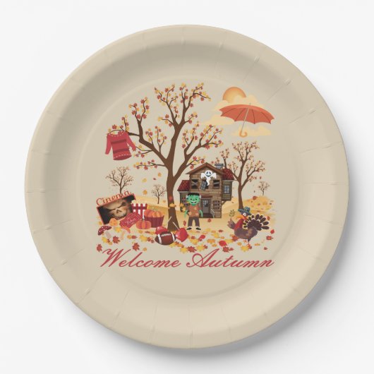 Assiettes En Carton Éléments et paysage bienvenus d'automne d'automne (Devant)