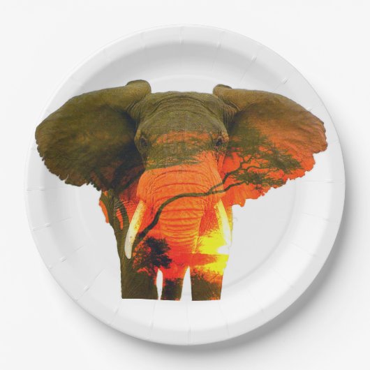 Assiettes En Carton Eléphant africain dans le coucher du soleil du Ser (Devant)