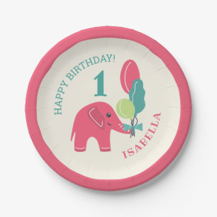 Assiettes En Carton Eléphant avec Ballons Filles 1er anniversaire