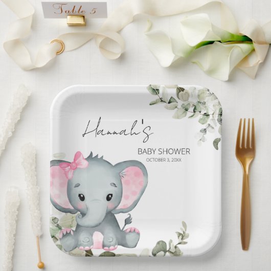 Assiettes En Carton Eléphant Baby shower fille rose (Mariage)