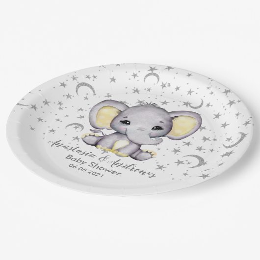 Assiettes En Carton Eléphant Baby shower jaune mignon (Angle)