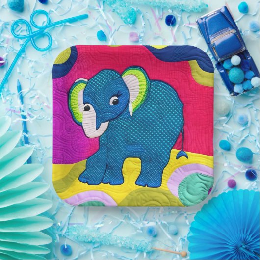 Assiettes En Carton Eléphant Bébé Bleu Cute - Design Quilt (Fête)