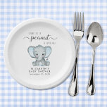 Assiettes En Carton Eléphant Bleu Bébé Douche garçon<br><div class="desc">Plaques en papier mignonnes pour votre bébé garçon douche avec "A Sweet Little Peanut Is On His Way" en typographie gris doux et un script élégant avec des swashes, et une aquarelle bleu pastel d'un bébé éléphant. Personnalisez le nom et la date de la douche de la future mère dans...</div>