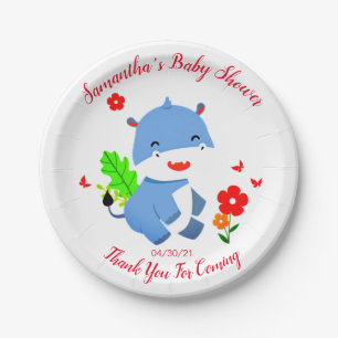 Assiettes En Carton Eléphant Bleu Cute Avec Baby shower Fleurs Rouges