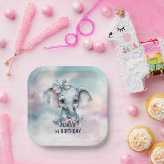 Assiettes En Carton Eléphant bleu mignon 1er anniversaire (Fête)
