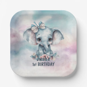 Assiettes En Carton Eléphant bleu mignon 1er anniversaire