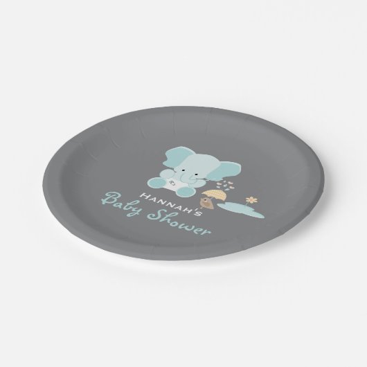 Assiettes En Carton Éléphant bleu petit baby shower d'oiseau (Angle)