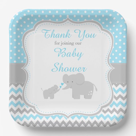 Assiettes En Carton Elephant Blue et Grey Baby shower Party (Recto)