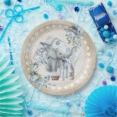Assiettes En Carton Eléphant et bleu poussiéreux baby shower garçon (Fête)
