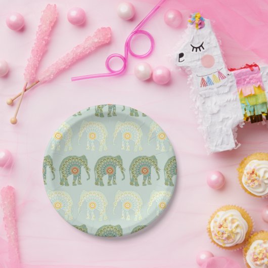 Assiettes En Carton Elephant et Mandala en vert clair (Fête)