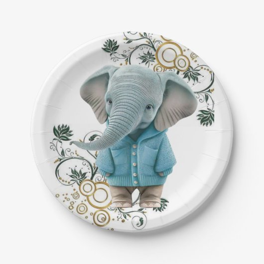 Assiettes en carton, Eléphant floral bleu (Devant)