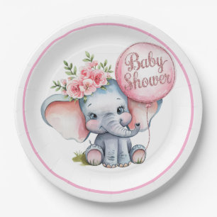Assiettes En Carton Eléphant mignon avec ballons roses Baby shower fil