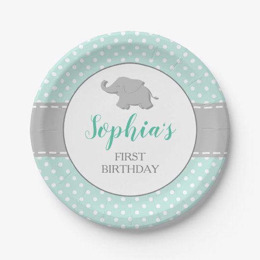 Assiettes En Carton Elephant Mint Green Polka Dot 1er anniversaire (Devant)