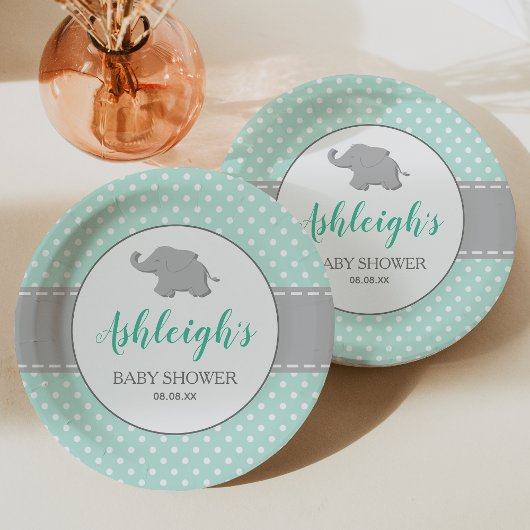Assiettes En Carton Eléphant Mint vert Polka Baby shower point