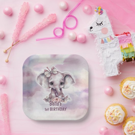 Assiettes En Carton Eléphant rose mignon 1er anniversaire (Fête)