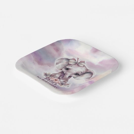 Assiettes En Carton Eléphant rose mignon 1er anniversaire (Angulaire)