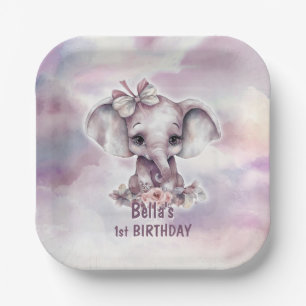 Assiettes En Carton Eléphant rose mignon 1er anniversaire
