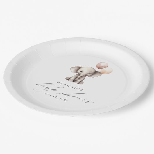 Assiettes En Carton Eléphant simple avec ballons Baby shower neutre (Angle)