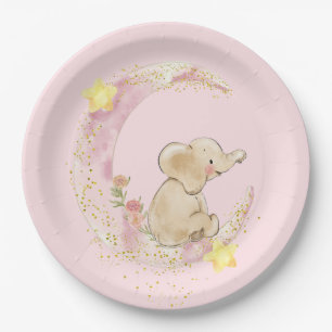Assiettes En Carton Eléphant sur une lune sur rose