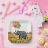 Assiettes En Carton Elephant tenant un bouquet de ballon d'anniversair (Fête)