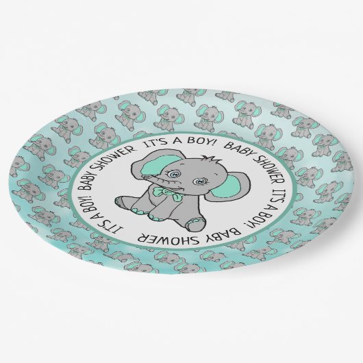 Assiettes En Carton Eléphant turquoise et gris Baby shower à thème (Angle)