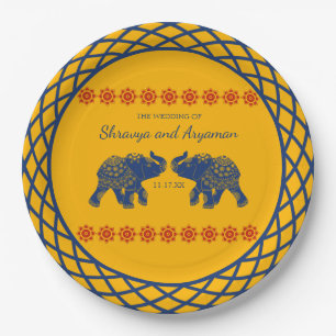 Assiettes En Carton Eléphants à thème indiens en Mariage bleu royal