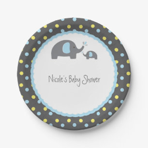 Assiettes En Carton Eléphants baby shower bleu gris et jaune
