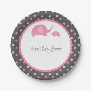 Assiettes En Carton Eléphants baby shower rose gris et blanc