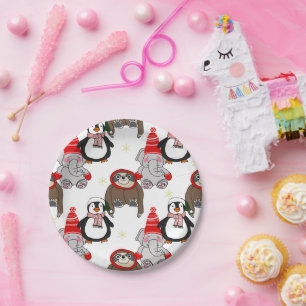 Assiettes En Carton Eléphants mignons, pingouins et paresseux motif