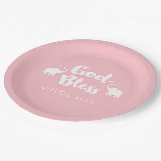 Assiettes En Carton Eléphants roses Dieu Béni Baptême/Dédication (Angle)