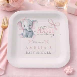 Assiettes En Carton Élévéphant 'Petit Cacahuète' Ruban Rose Bébé Fille
