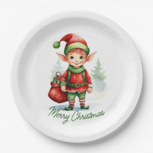 Assiettes En Carton elfe de Noël avec un sac de cadeaux