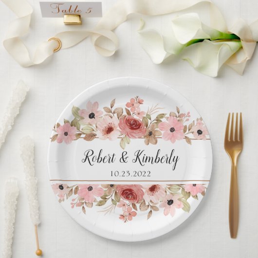 Assiettes En Carton ELLE Rose Fleur Élégant Mariage (Mariage)