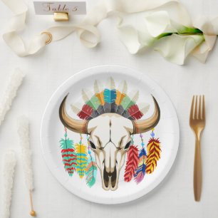 Assiettes En Carton Emblème amérindien de crâne de bison