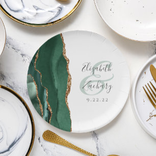 Assiettes En Carton Emerald Green Agate Gold Mariage blanc