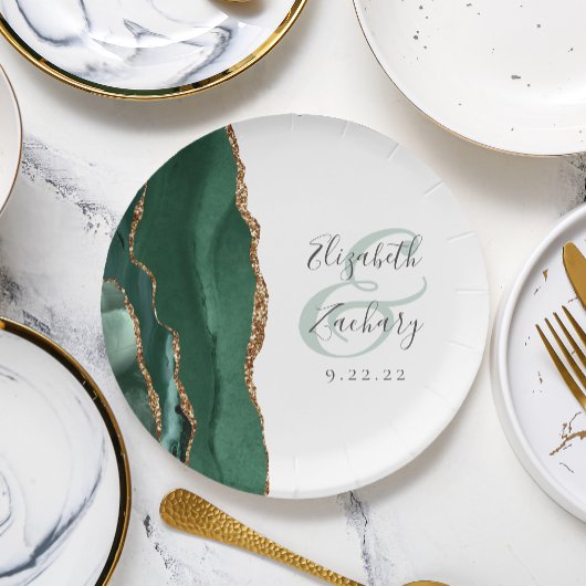 Assiettes En Carton Emerald Green Agate Gold Mariage blanc
