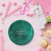 Assiettes En Carton Emerald Green Aquarelle & Mariage Or Monogramme (Fête)