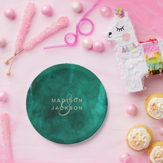 Assiettes En Carton Emerald Green Aquarelle & Mariage Or Monogramme (Fête)