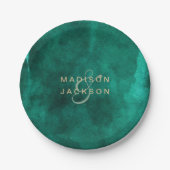 Assiettes En Carton Emerald Green Aquarelle & Mariage Or Monogramme (Devant)