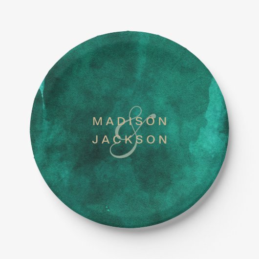 Assiettes En Carton Emerald Green Aquarelle & Mariage Or Monogramme (Devant)