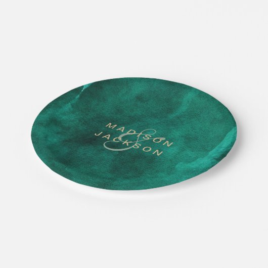 Assiettes En Carton Emerald Green Aquarelle & Mariage Or Monogramme (Angle)