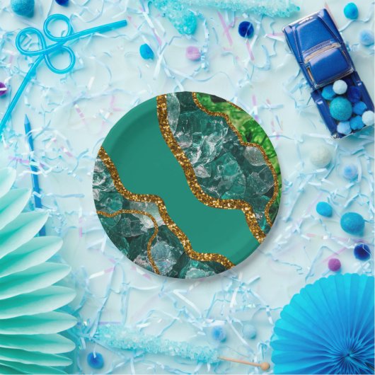 Assiettes En Carton Emerald Green & Gold Agate Parties scintillant (Fête)